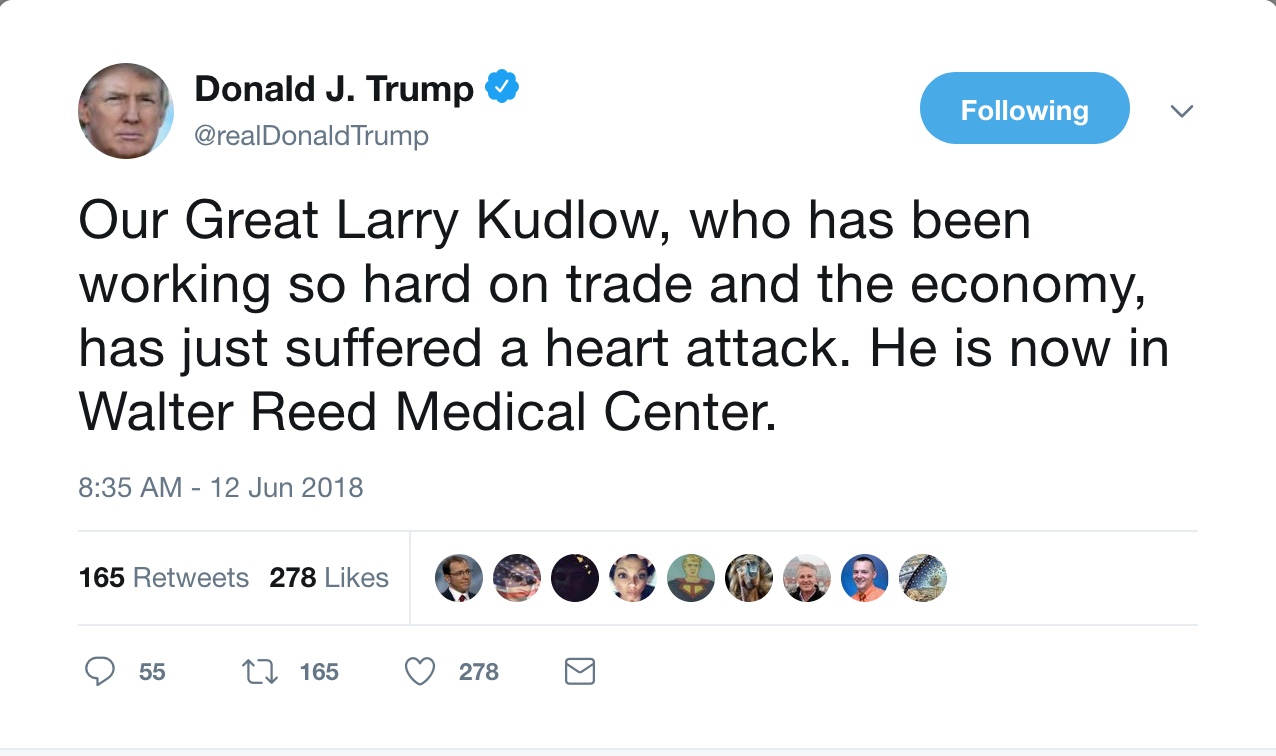 峰会日“推”不断 特朗普：白宫经济顾问心脏病发