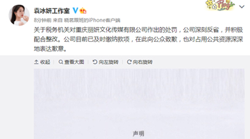 袁冰妍工作室回应偷漏税被罚：已全额缴纳税款