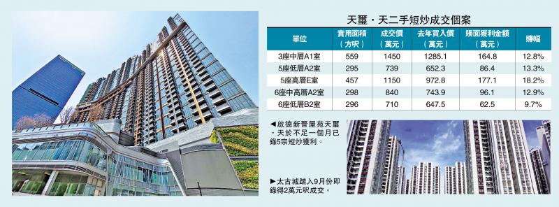 楼市转旺/天玺．天上月连录五宗短炒 最多赚18%