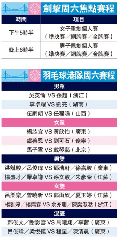 剑击周六焦点赛程、羽毛球港队周六赛程